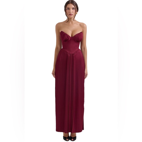 House of CB - Marcella Strapless Pleated Georgette Gown in Cabernet - Picture 1 of 6